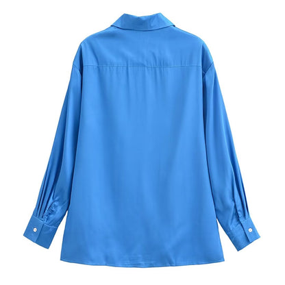 Women Clothing French All-Match Solid Color Polo Collar Loose Casual Long Sleeves Shirt