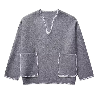 Winter Idle Contrast Color Thread Pocket Decoration Knitwear Women Clothing Baggy Top