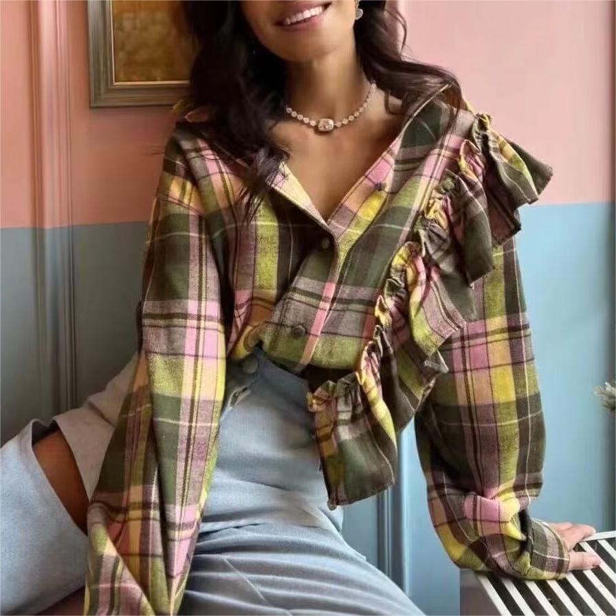 Winter Graceful Fashionable Collared Long Sleeve Single Breasted Plaid All Matching Shirt Women