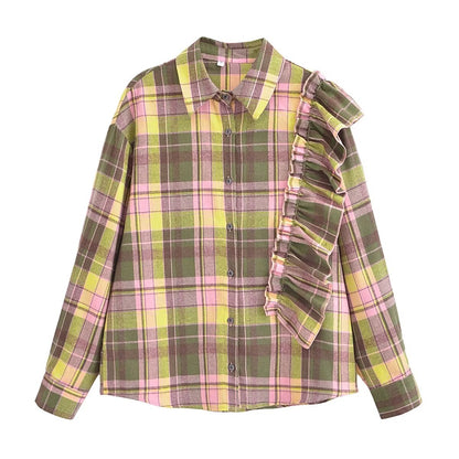 Winter Graceful Fashionable Collared Long Sleeve Single Breasted Plaid All Matching Shirt Women