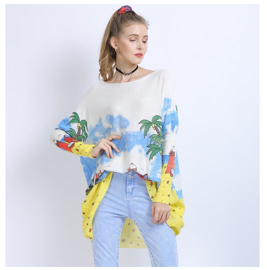 Women Clothing off Neck Loose Long Sleeve All Match Seaside Landscape Printing Sweater