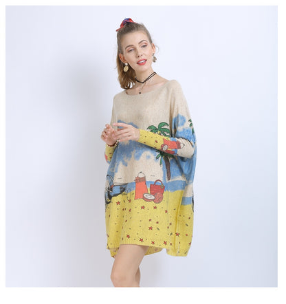 Women Clothing off Neck Loose Long Sleeve All Match Seaside Landscape Printing Sweater