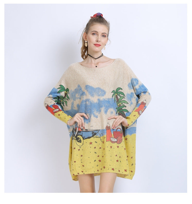 Women Clothing off Neck Loose Long Sleeve All Match Seaside Landscape Printing Sweater