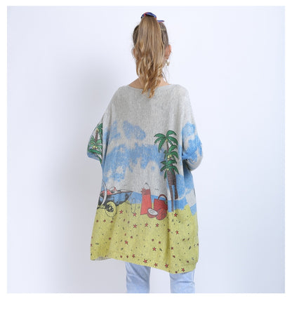 Women Clothing off Neck Loose Long Sleeve All Match Seaside Landscape Printing Sweater