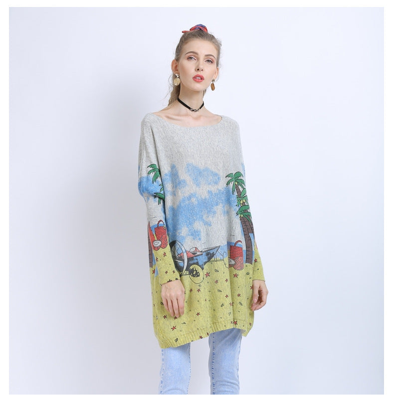 Women Clothing off Neck Loose Long Sleeve All Match Seaside Landscape Printing Sweater