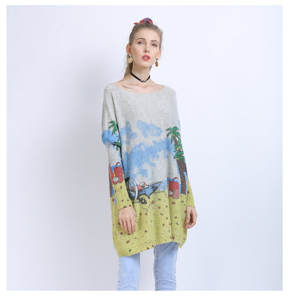 Women Clothing off Neck Loose Long Sleeve All Match Seaside Landscape Printing Sweater