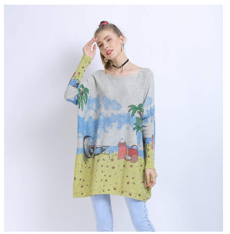 Women Clothing off Neck Loose Long Sleeve All Match Seaside Landscape Printing Sweater