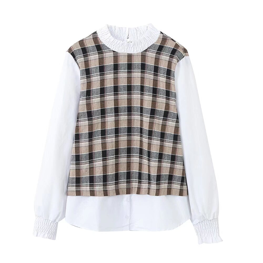 Women Clothing French Slim Stand Collar Plaid Stitching Shirt