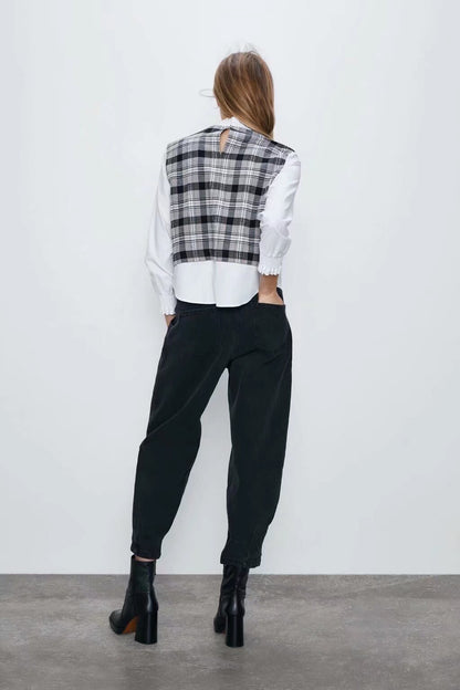 Women Clothing French Slim Stand Collar Plaid Stitching Shirt