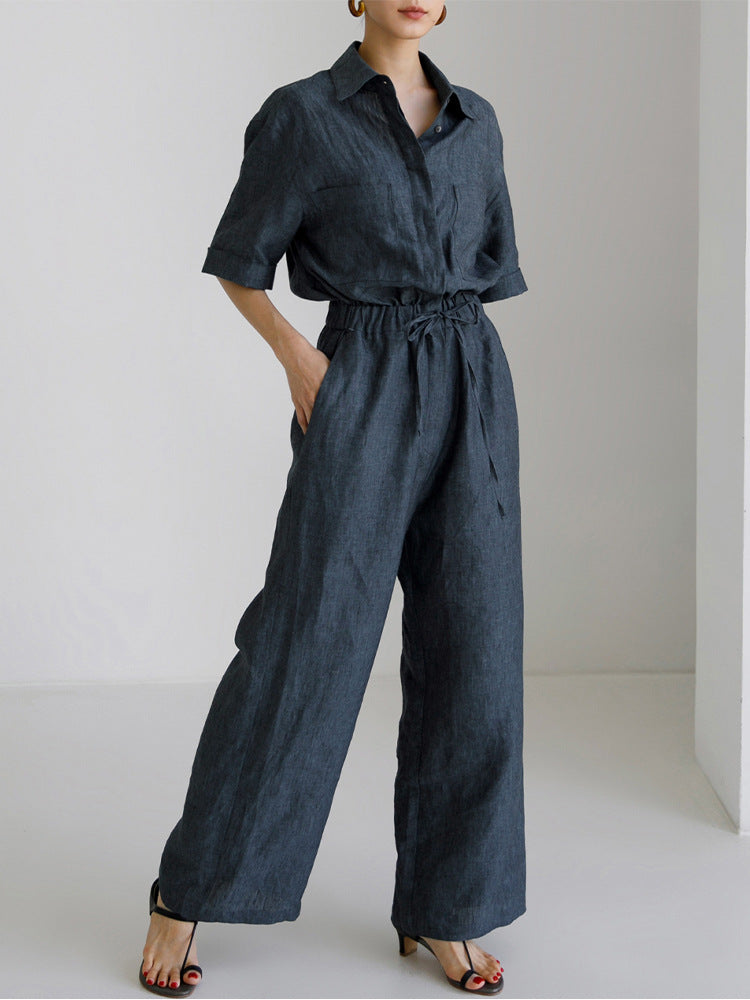 Jumpsuit aus reinem Leinen, Nischendesign, Arbeitskleidung, kurzärmlige Hose mit geradem Bein, lockere, schlankmachende Freizeithose für Damen