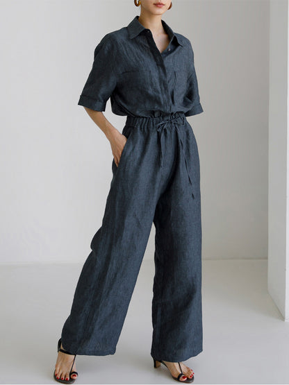 Pure Linen Jumpsuit Niche Design Workwear Short Sleeve Straight Leg Pants Women Loose Slimming Casual Pants