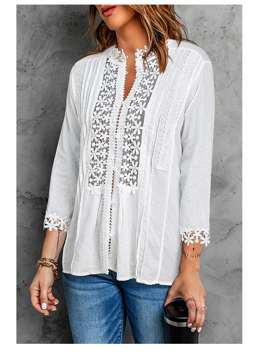 Women Three Quarter Sleeve Shirt Autumn Loose Collared Lace Solid Color Wome Top