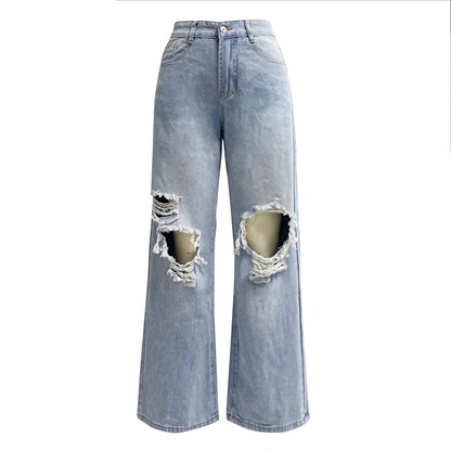 Knee Ripped Jeans Women High Waist Long Wide Leg Pants Light Color Water Scrubbing Casual Pants