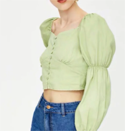 Spring Women Cotton Back Elastic off Shoulder Long Sleeve Shirt