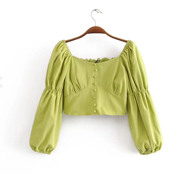 Spring Women Cotton Back Elastic off Shoulder Long Sleeve Shirt