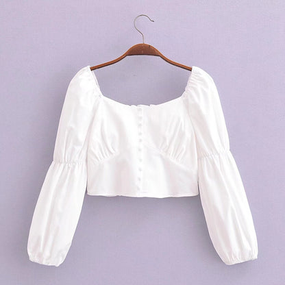 Spring Women Cotton Back Elastic off Shoulder Long Sleeve Shirt