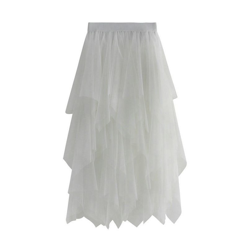 Irregular Asymmetric Mesh Skirt Women Mid Length Spring Gauze Skirt High Waist All Matching Slimming Skirt