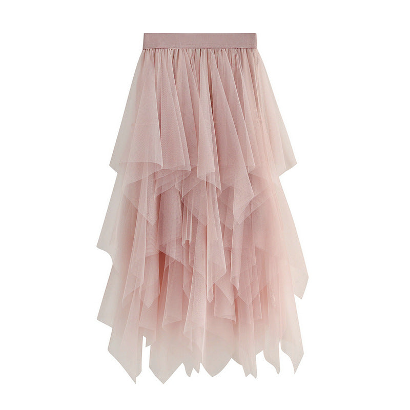 Irregular Asymmetric Mesh Skirt Women Mid Length Spring Gauze Skirt High Waist All Matching Slimming Skirt