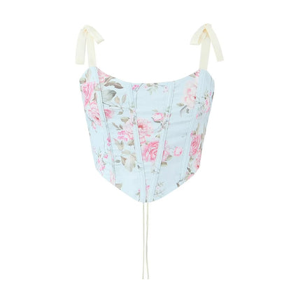 Sexy Low Cut Backless Floral Print Tube Top Small Sling Diamond-Shaped Boning Corset Waist Vest