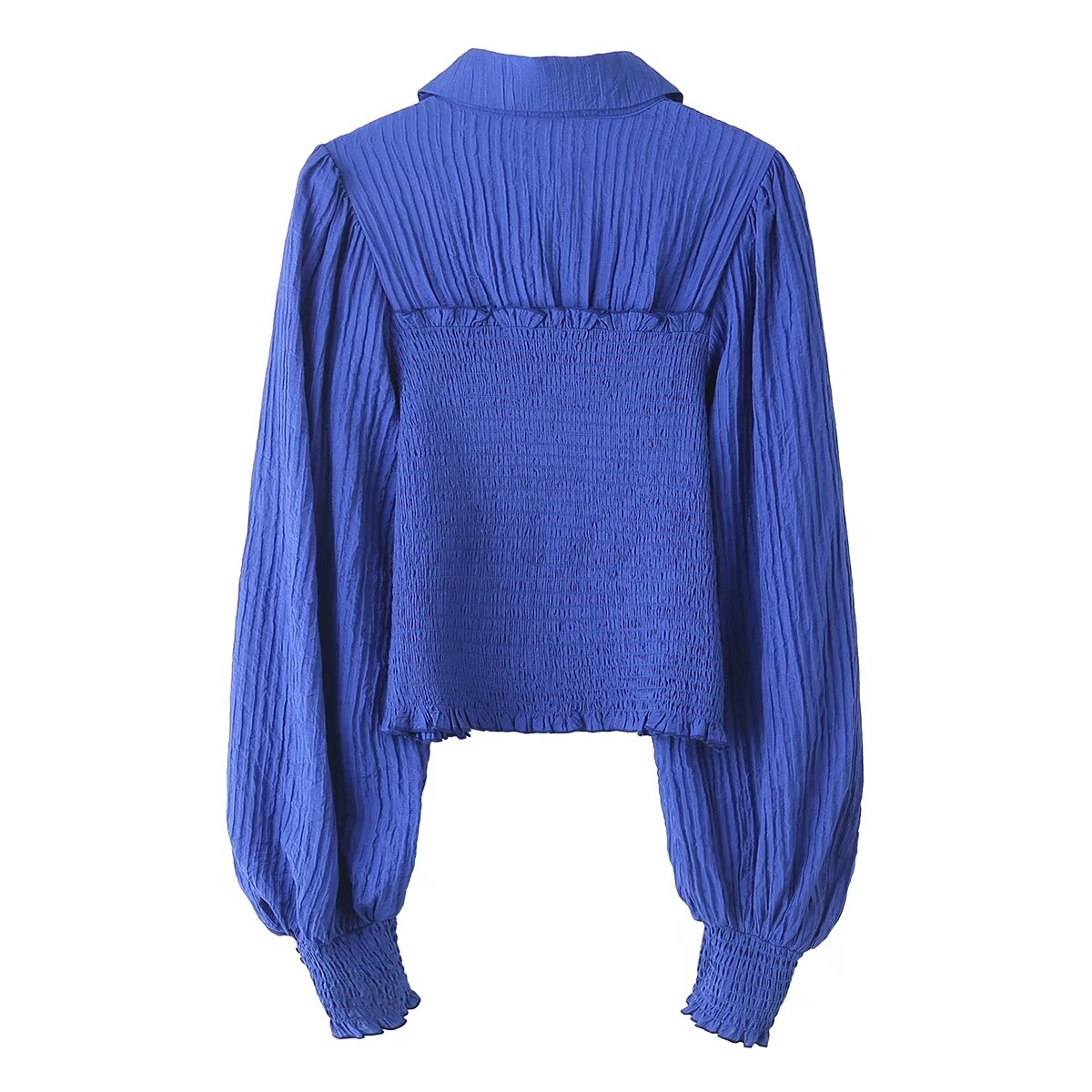 Spring Women Clothing Blue with Long Sleeves Texture Fabric Top High Waist Blouse