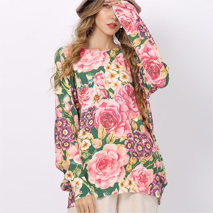 Floral Print Sweater Women Pullover round Neck Mid Length Loose Knitwear Top