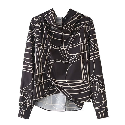 Women Clothing French All Match Geometric Abstract Print Loose Casual Long Sleeves Shirt