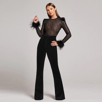 Spring Sexy Lace Sequined Feather Bandage Jumpsuit Women One Piece