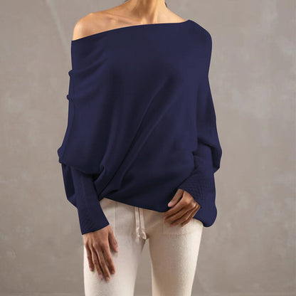 Solid Color off Neck Knitted Pullover Loose All Matching Batwing Sleeve Knitwear Top