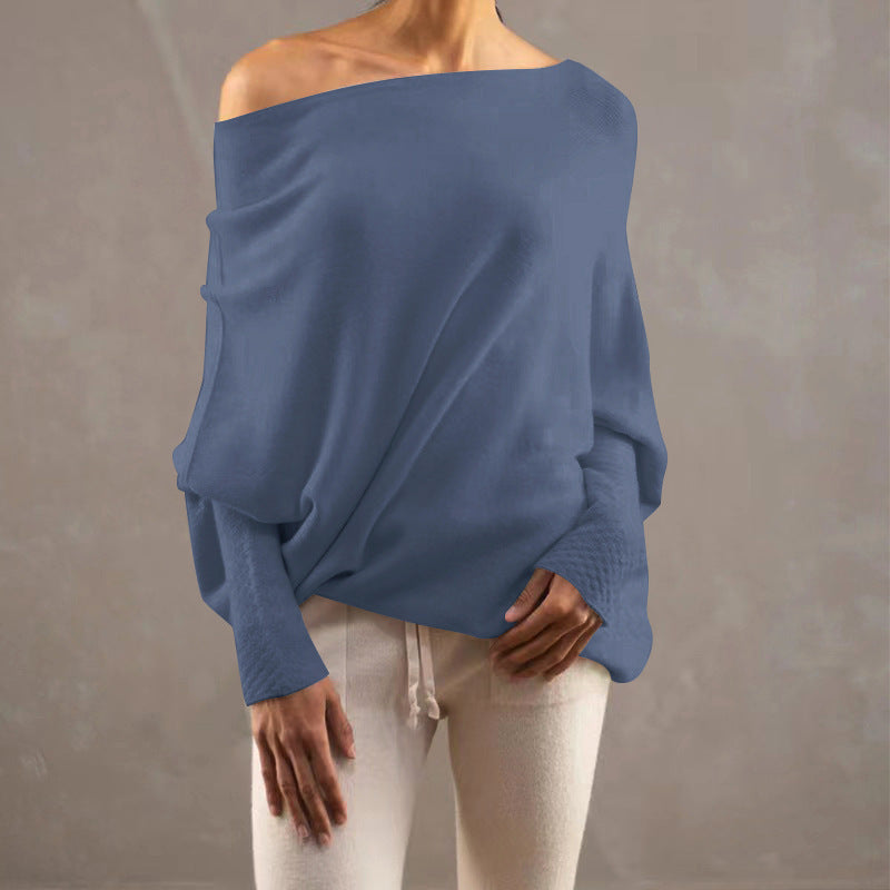 Solid Color off Neck Knitted Pullover Loose All Matching Batwing Sleeve Knitwear Top