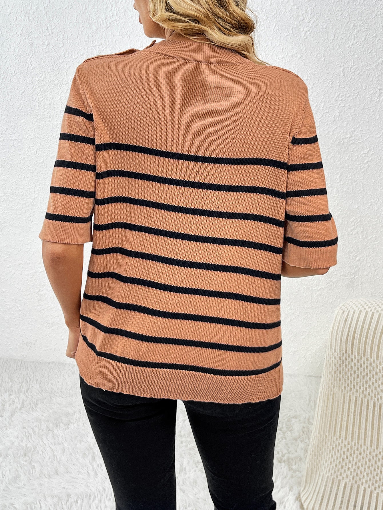 Spring Summer Button Splicing Pullover Stripe round Neck Short Sleeves Women Knitwear