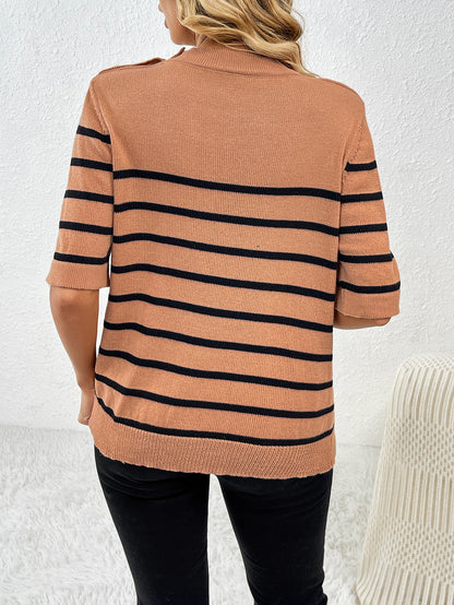 Frühling Sommer Knopf Spleißen Pullover Streifen Rundhals Kurzarm Damen Strickwaren