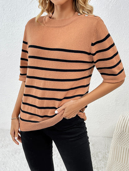 Spring Summer Button Splicing Pullover Stripe round Neck Short Sleeves Women Knitwear