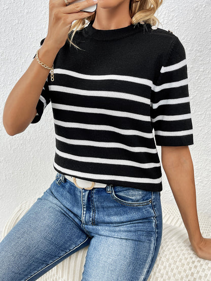 Spring Summer Button Splicing Pullover Stripe round Neck Short Sleeves Women Knitwear