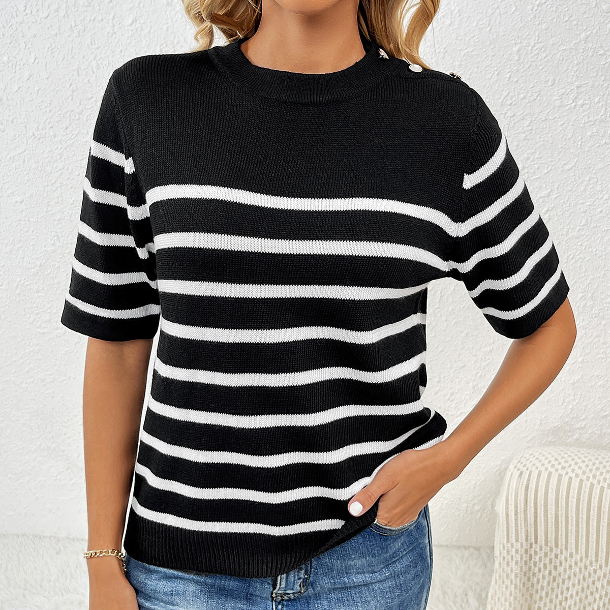 Spring Summer Button Splicing Pullover Stripe round Neck Short Sleeves Women Knitwear