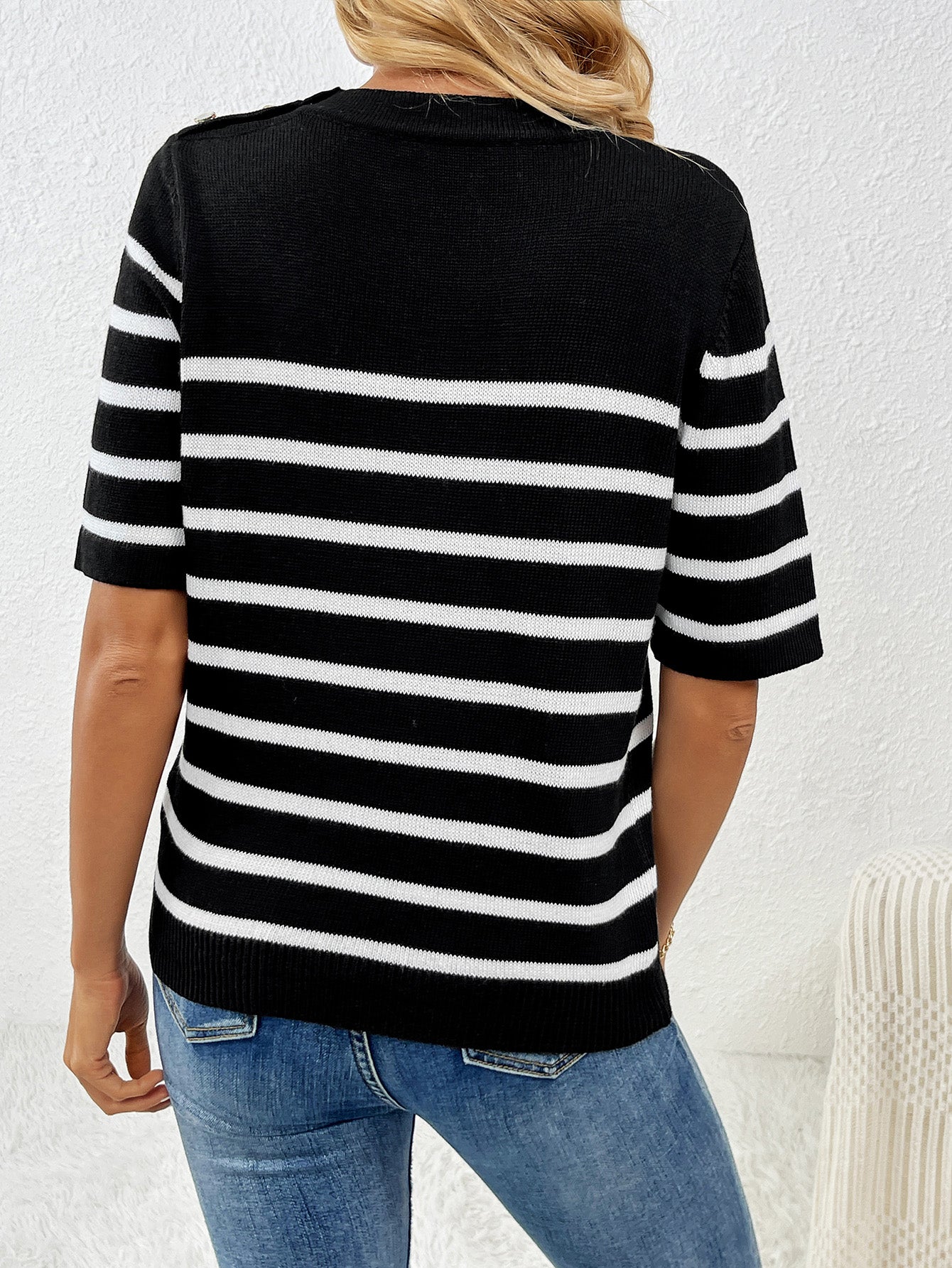 Spring Summer Button Splicing Pullover Stripe round Neck Short Sleeves Women Knitwear