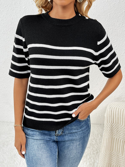 Spring Summer Button Splicing Pullover Stripe round Neck Short Sleeves Women Knitwear