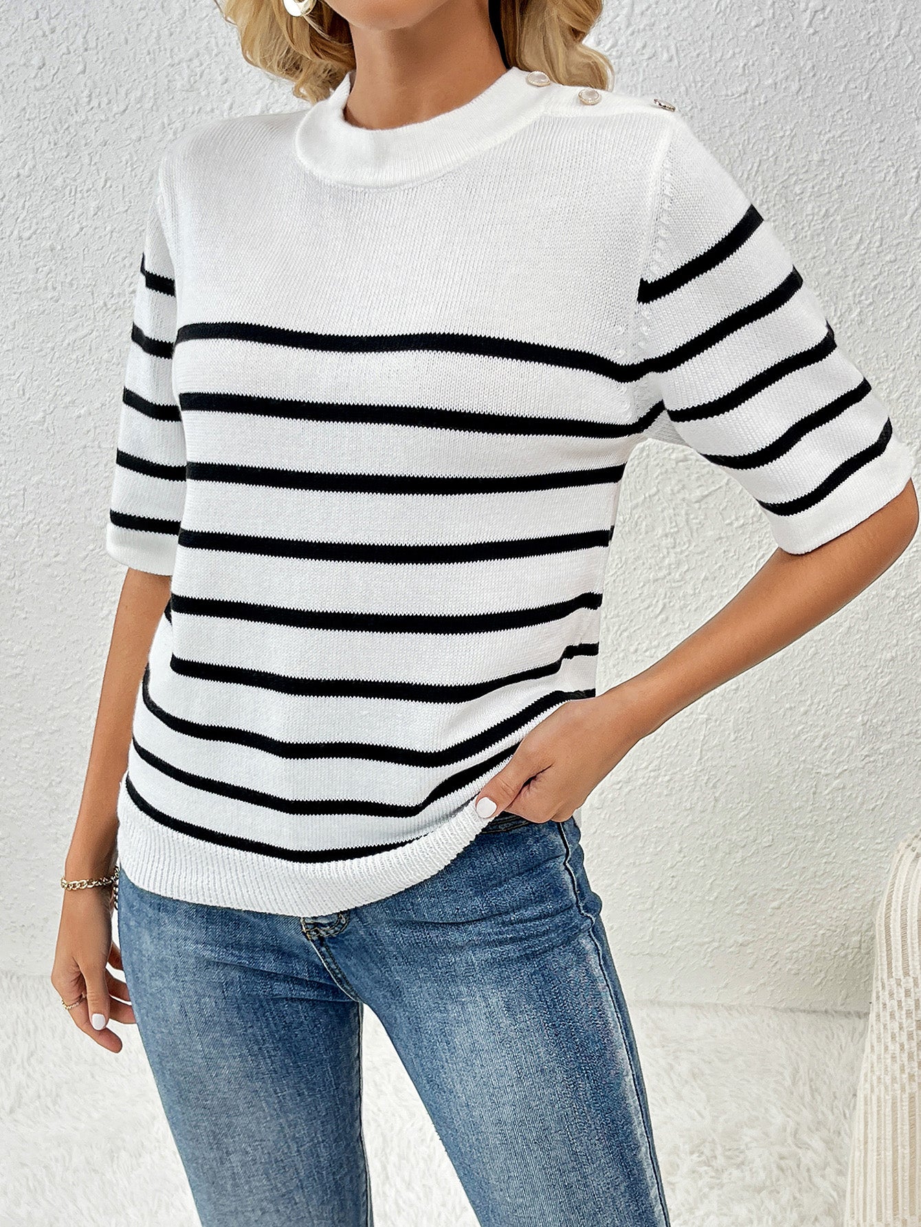 Spring Summer Button Splicing Pullover Stripe round Neck Short Sleeves Women Knitwear