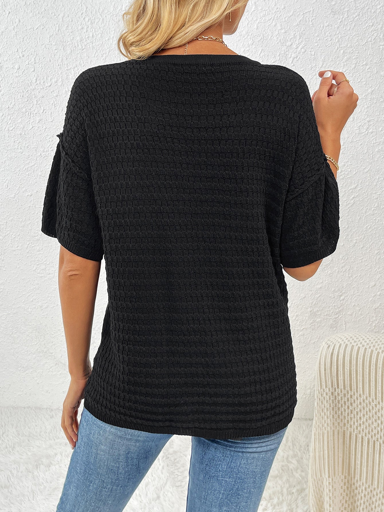 Spring Summer Pullover Pocket Home Short Sleeve Solid Color Women Knitwear