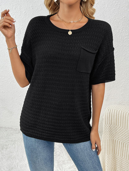 Spring Summer Pullover Pocket Home Short Sleeve Solid Color Women Knitwear