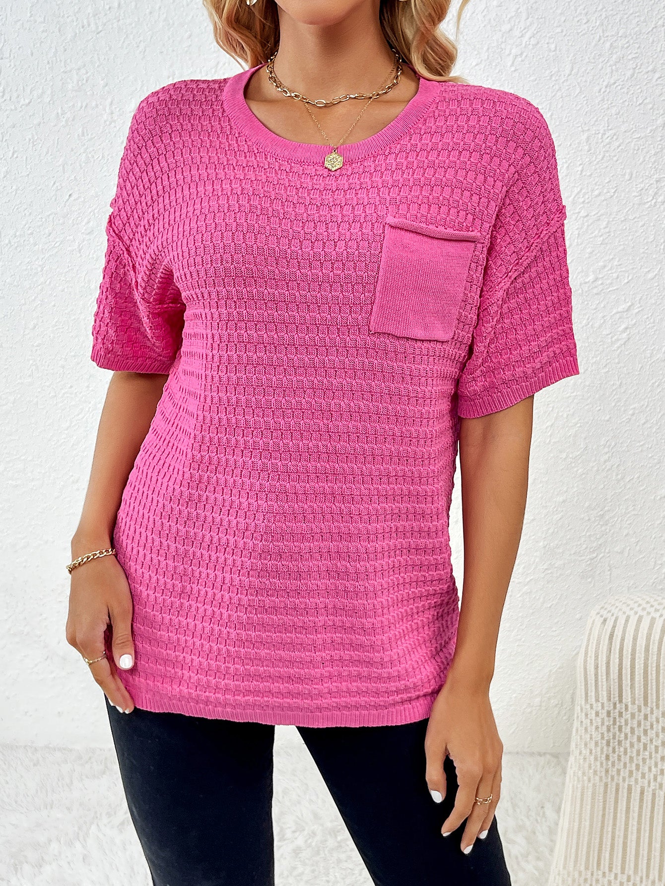 Spring Summer Pullover Pocket Home Short Sleeve Solid Color Women Knitwear