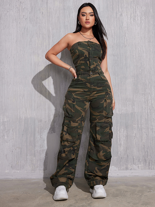 Damen New Denim Jumpsuit Camouflage Overalls
