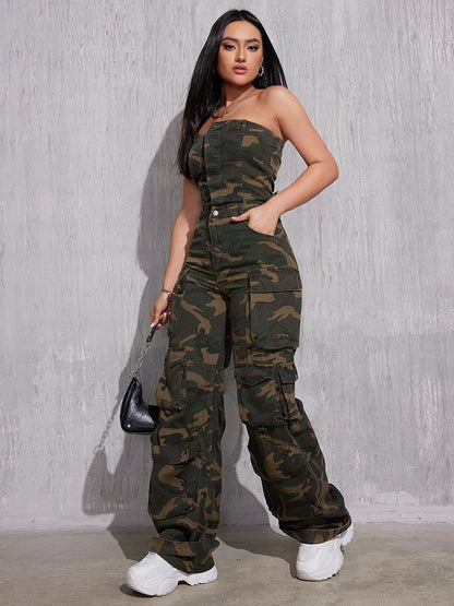 Women New Denim Jumpsuit Camouflage Overalls