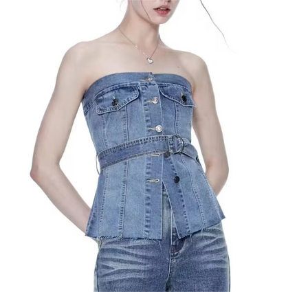 Women Clothing Street Sexy Lace up Waist Tight Denim Top Sleeveless Denim Tube Top Back