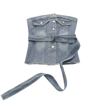 Women Clothing Street Sexy Lace up Waist Tight Denim Top Sleeveless Denim Tube Top Back