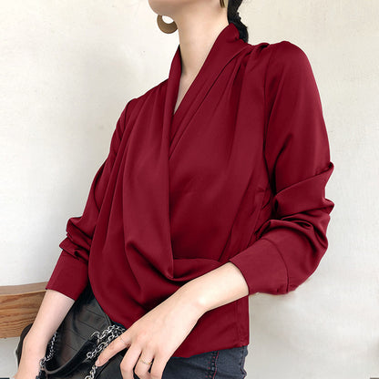 Light Luxury Satin Pleated V neck Shirt for Women Spring Office Office Long Sleeve Simple Bottoming Shirt Top Women