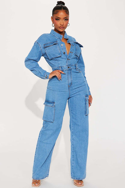 Stretch Bellows Pocket Wash Denim Jumpsuit Jumpsuit Bell Bottom Pants Overalls