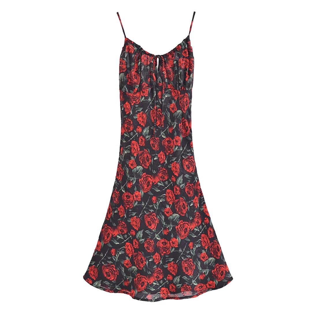 Women Rose Jacquard Printed Slim Waist Mini Strap Dress