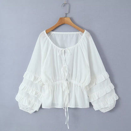 Women Clothing Spring Solid Color Ruffled Square Collar Loose Casual All Match Shirt