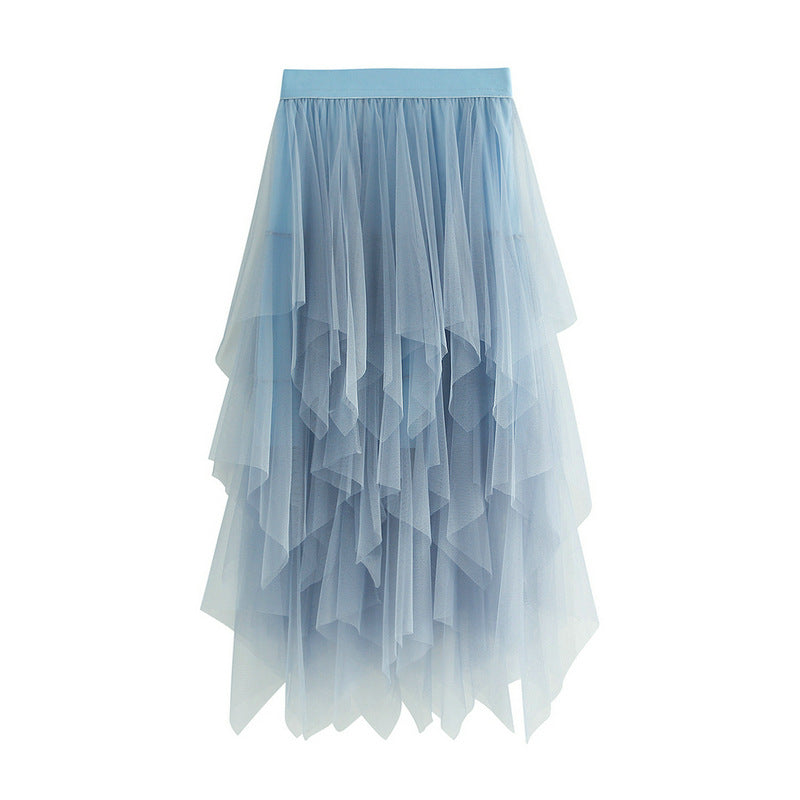 Irregular Asymmetric Mesh Skirt Women Mid Length Spring Gauze Skirt High Waist All Matching Slimming Skirt