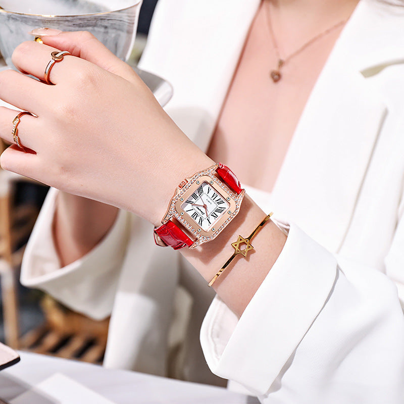 Reloj de mujer con cinturón de diamantes cuadrados y números romanos simples